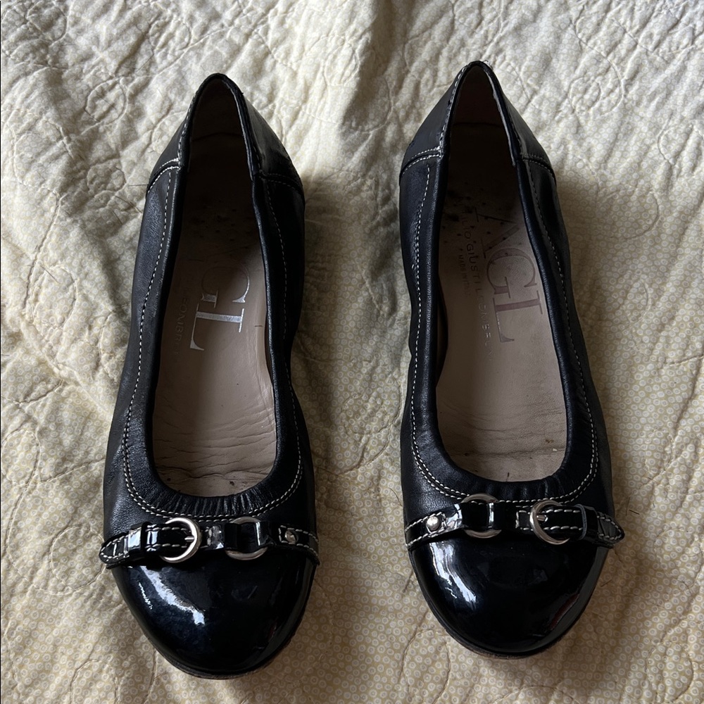 Agl Black Leather Ballet Flats with Silver Buckle Detail